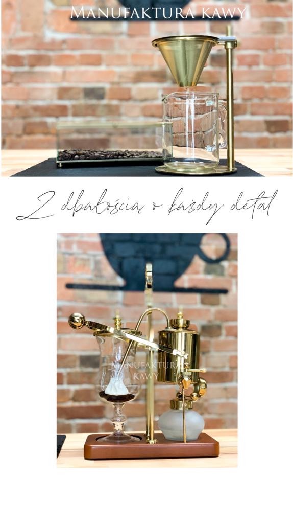 Dwa ujęcia alternatywnych metod parzenia kawy marki Manufaktura Kawy z Torunia na tle ceglanej ściany, prezentujące dbałość o detale.