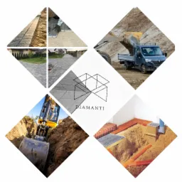 Kompozycja zdjęć prezentująca etapy prac ziemnych i brukarskich: układanie kostki, transport materiałów wywrotką, wykopy koparką i instalacja drenażu, uzupełniona o logo firmy Diamanti.