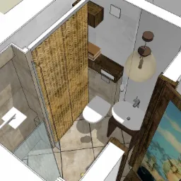 Wizualizacja 3D małej łazienki z kabiną prysznicową, toaletą, umywalką na drewnianym blacie i lampą w stylu retro, wykończona w beżach i brązach, z akcentem drewnianej ściany prysznicowej.