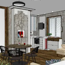 Wizualizacja wnętrza mieszkania z okrągłym stołem i krzesłami z plecionki, kuchnią w tle z ekspressem do kawy i salonem z fotelem w stylu retro.