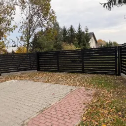 Nowoczesne, czarne ogrodzenie posesji z poziomych paneli, widoczne z zewnątrz na tle jesiennego krajobrazu i kostki brukowej. Minimalistyczny design.