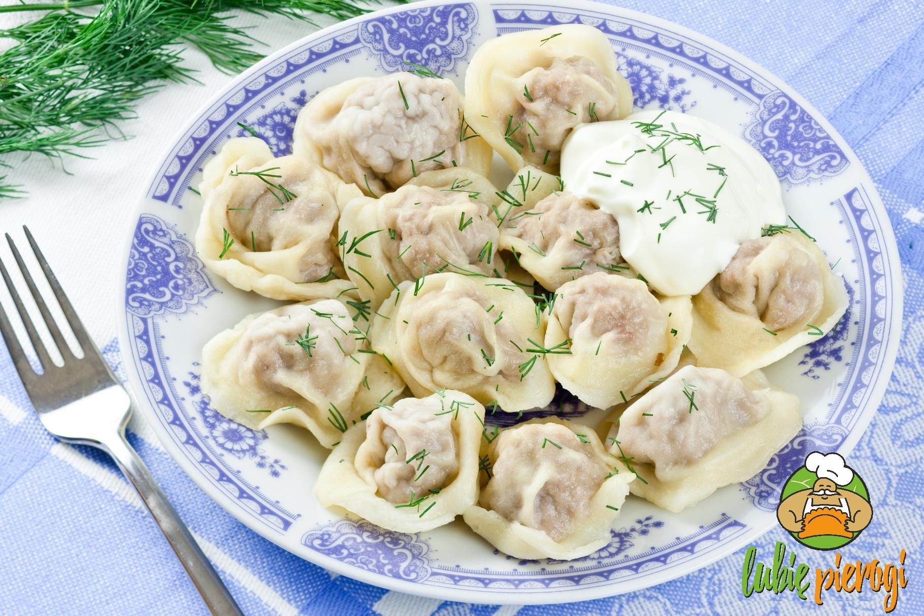 Porcja domowych pierogów z mięsem, udekorowanych świeżym koperkiem i kleksem śmietany, serwowana na talerzu z niebieskim wzorem, obok widoczny widelec.