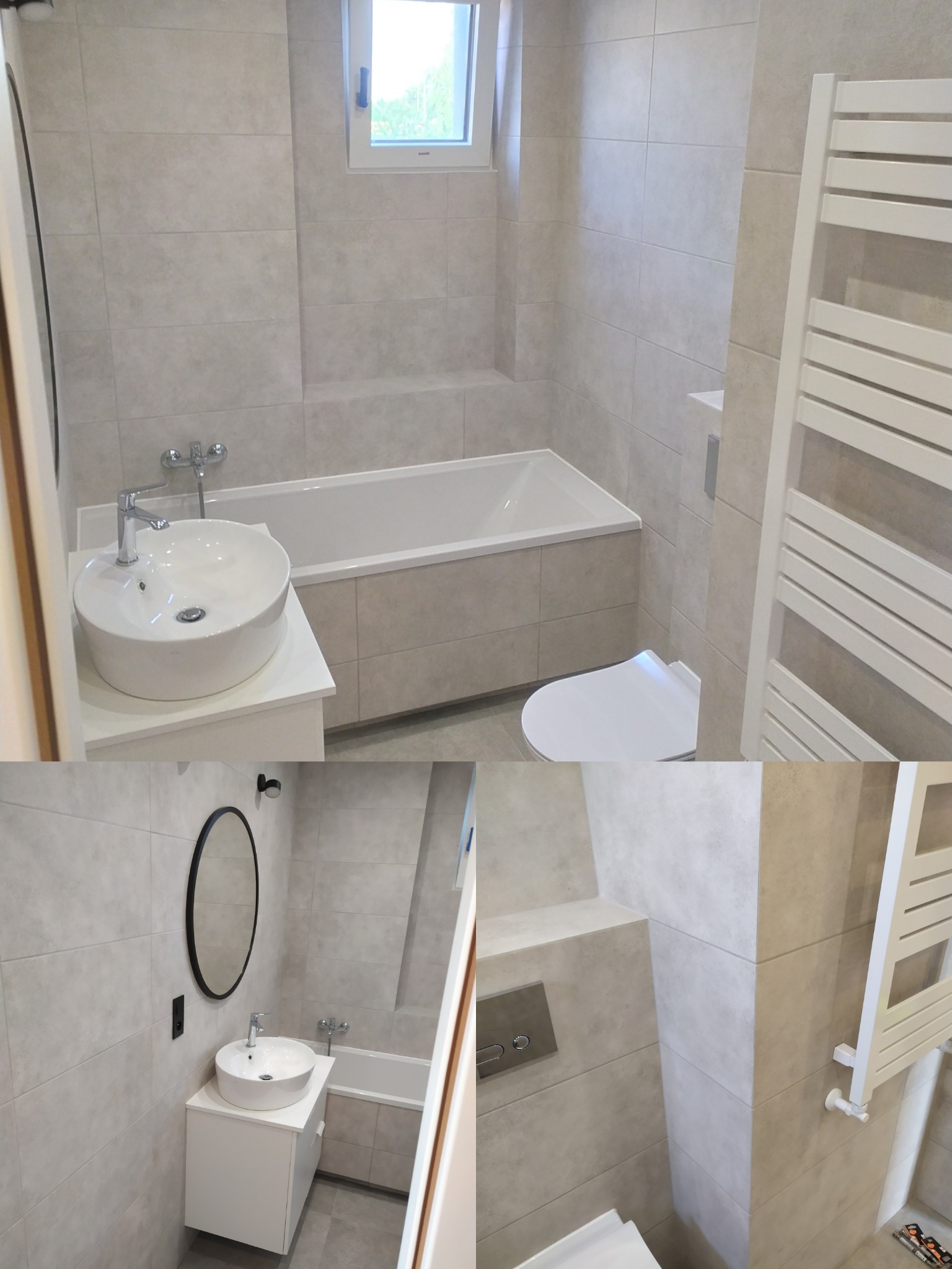 Jasna łazienka z wanną, umywalką nablatową na białej szafce, grzejnikiem drabinkowym i owalnym lustrem na ścianie wyłożonej płytkami w odcieniach beżu.