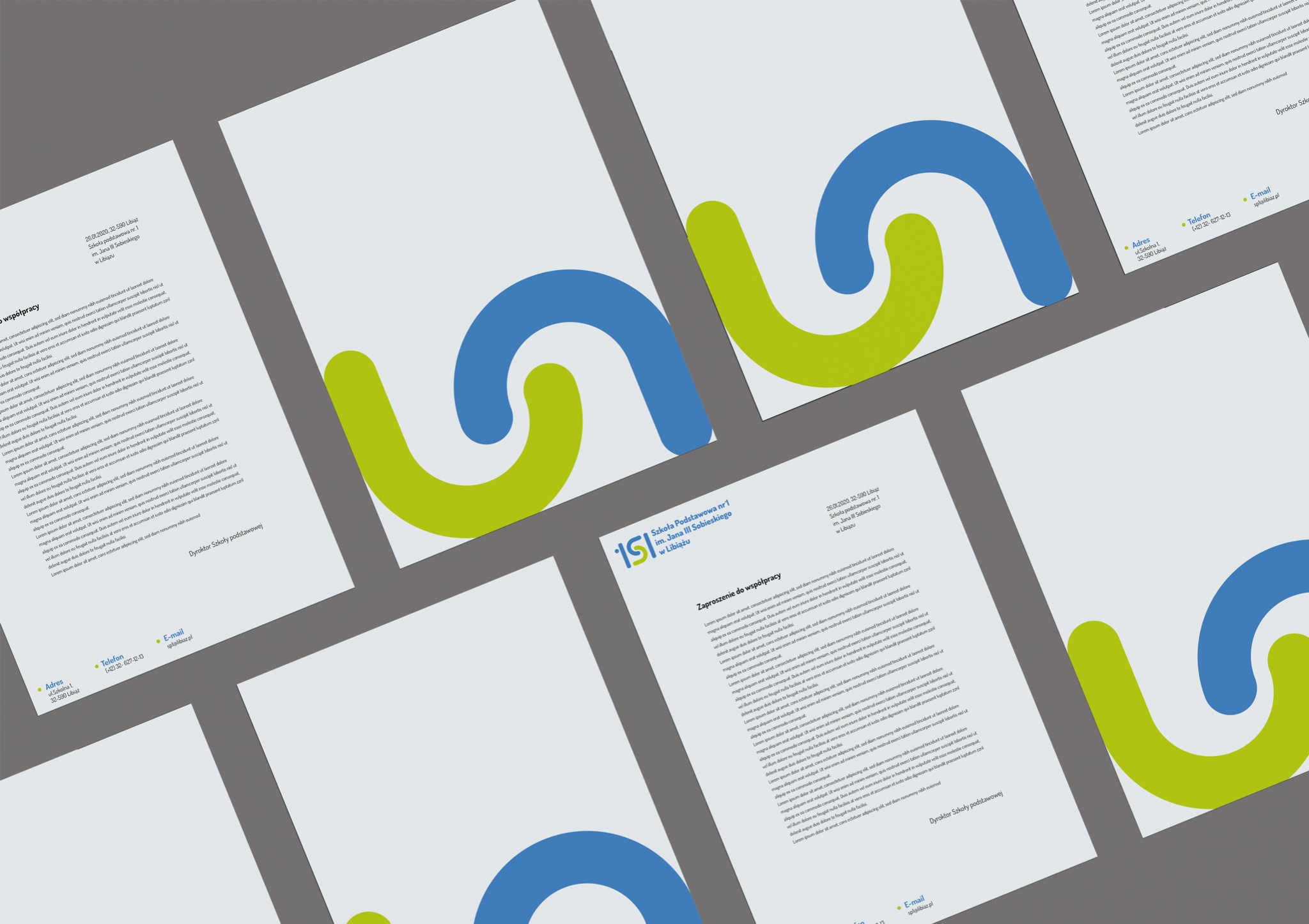 Stos papieru firmowego z logo szkoły podstawowej w Libiążu, widoczne dane adresowe i kontaktowe, zaproszenie do współpracy, minimalistyczny design z niebiesko-zielonym akcentem graficznym...