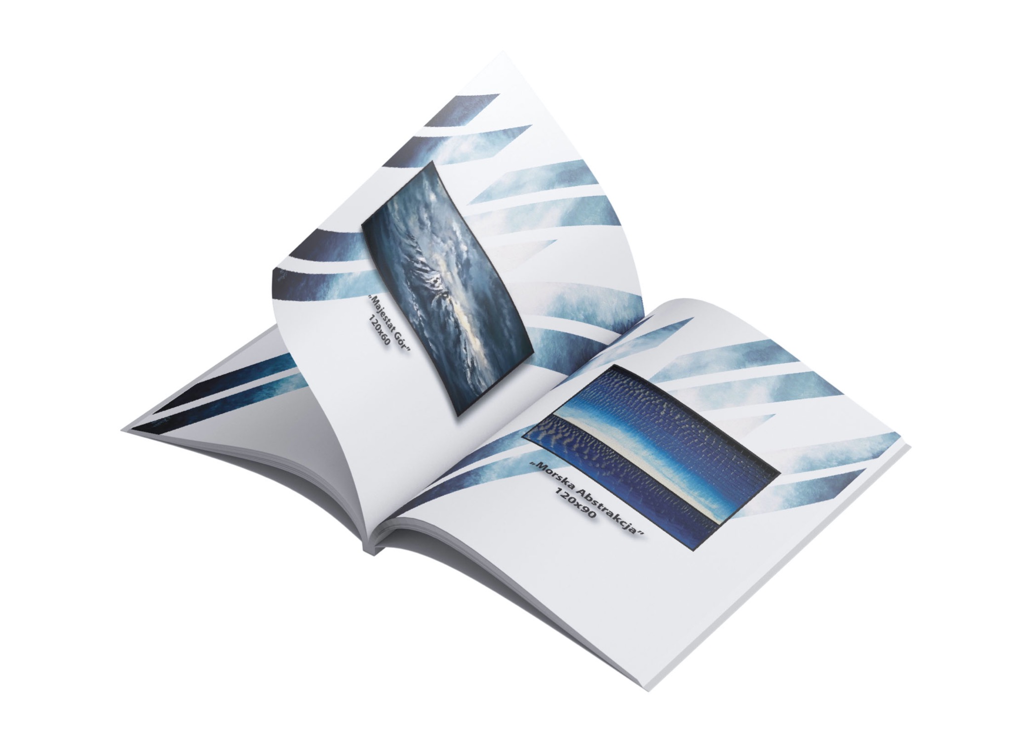 Otwarty katalog z dwoma rozkładówkami prezentującymi abstrakcyjne grafiki w odcieniach błękitu i bieli, imitujące górski krajobraz i morską abstrakcję, z podanymi wymiarami 120x60 i 120x90.