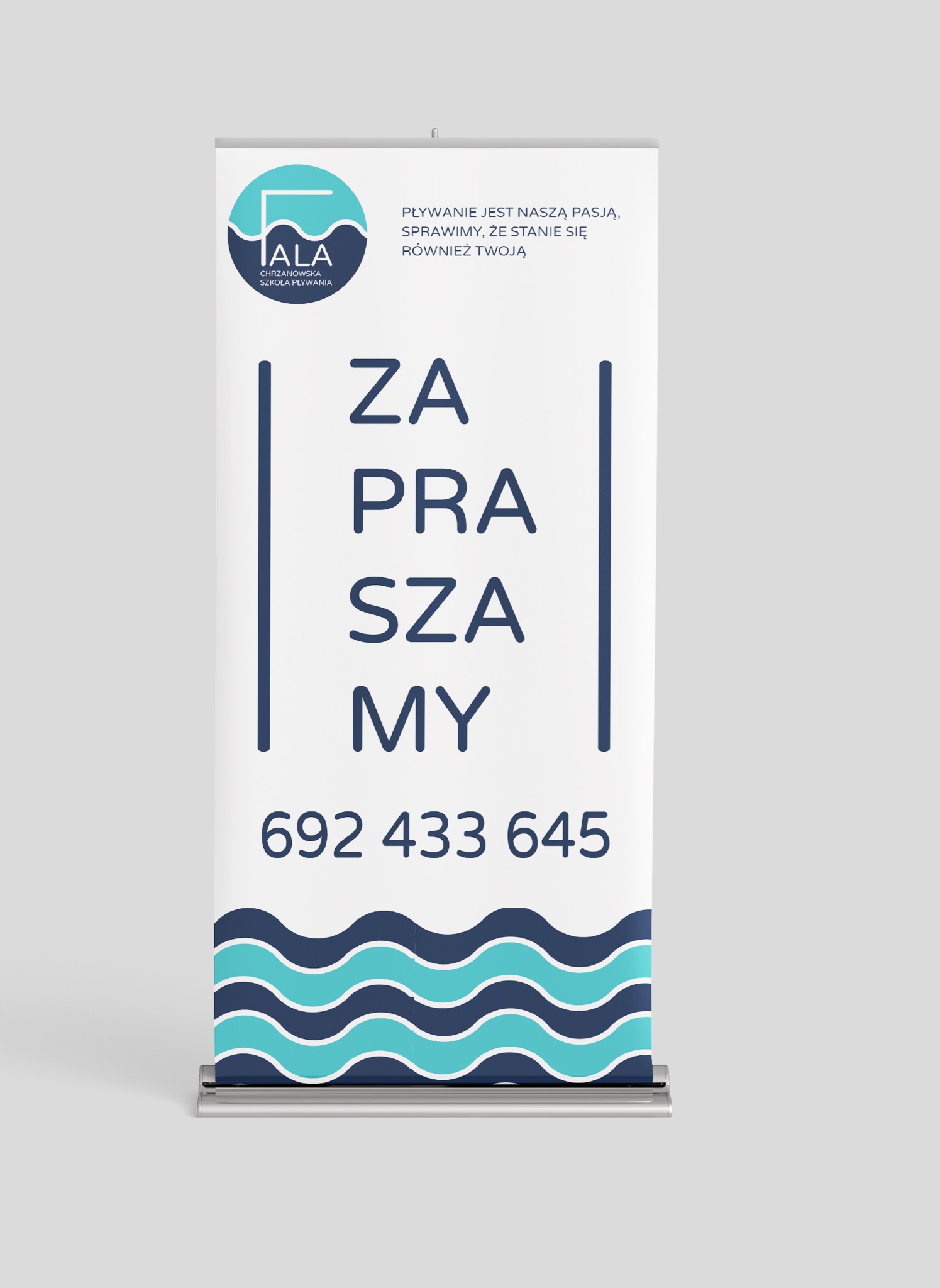 Roll-up reklamowy szkoły pływania z logo w odcieniach błękitu i hasłem 'Zapraszamy' oraz numerem telefonu.