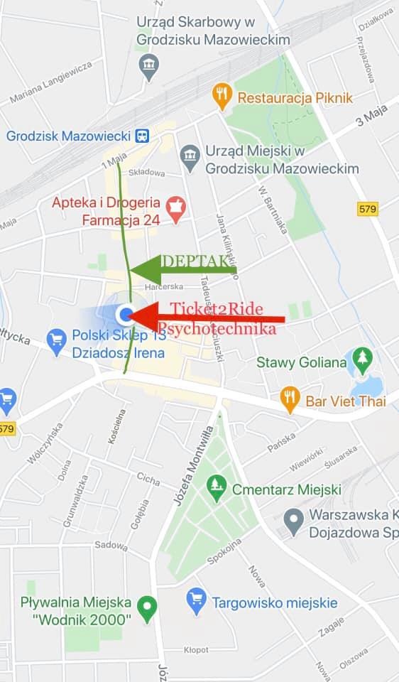 Mapa Grodziska Mazowieckiego z zaznaczonymi punktami orientacyjnymi, w tym Urząd Skarbowy, Urząd Miejski, Apteka i Drogeria Farmacja 24, restauracje, sklepy oraz Pływalnia Miejska 'Wodnik 2000'.