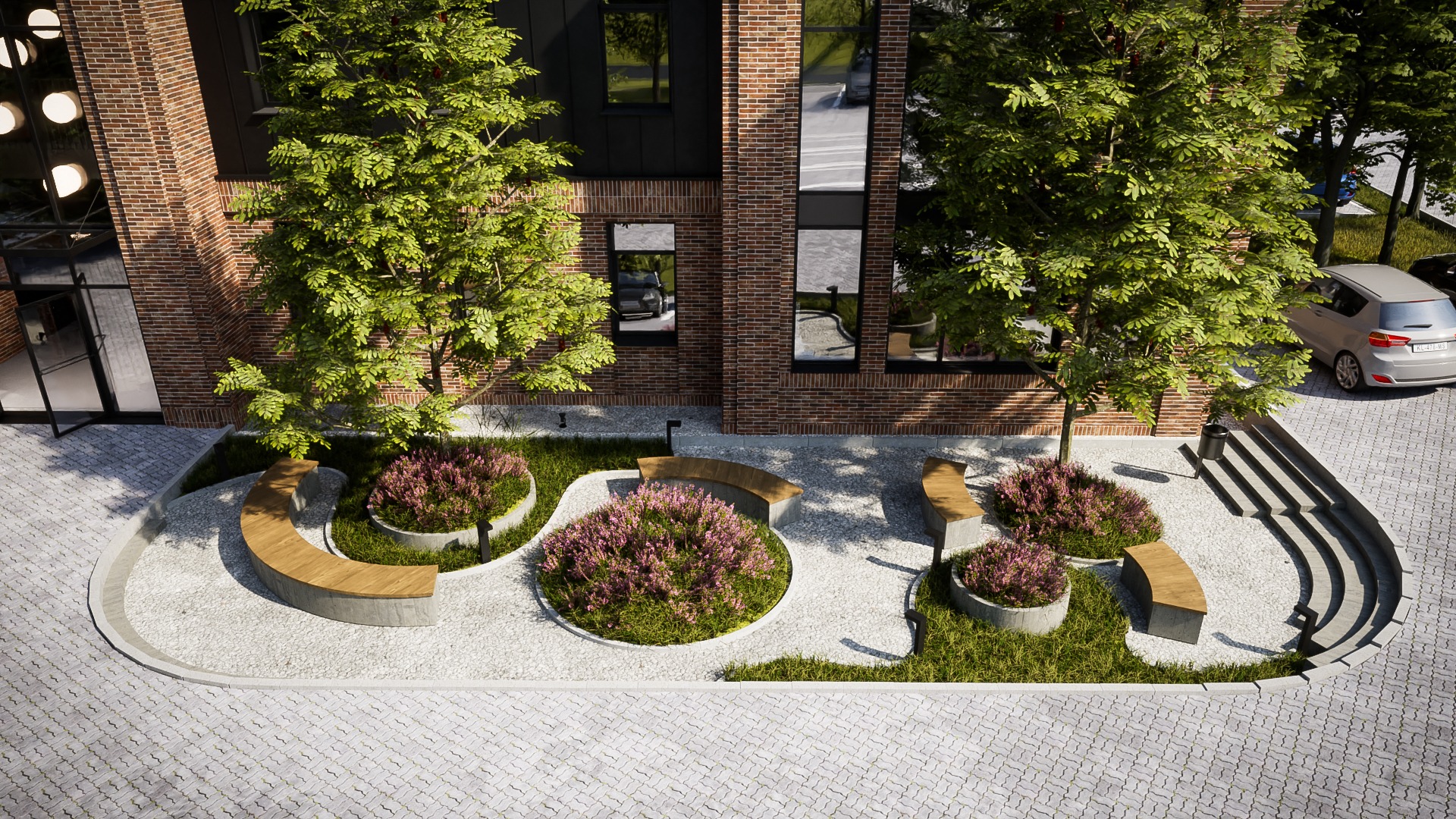 Wizualizacja budynku usługowego z cegły z zagospodarowanym terenem: drzewa, rabaty z fioletowymi kwiatami, ławki z drewna i betonu, ścieżki z białego żwiru, kostka brukowa i zaparkowany samochód...