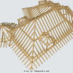 Wizualizacja 3D skomplikowanej drewnianej konstrukcji dachu wielospadowego z licznymi lukarnami, przedstawiona z góry na szarym tle.