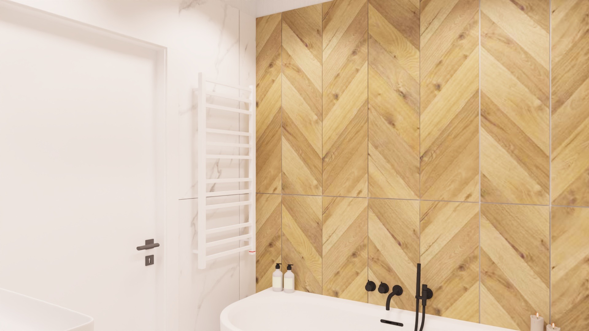 Nowoczesna łazienka z drewnianą ścianą ułożoną w jodełkę, białą wanną wolnostojącą i grzejnikiem drabinkowym, minimalistyczna armatura w kolorze czarnym.