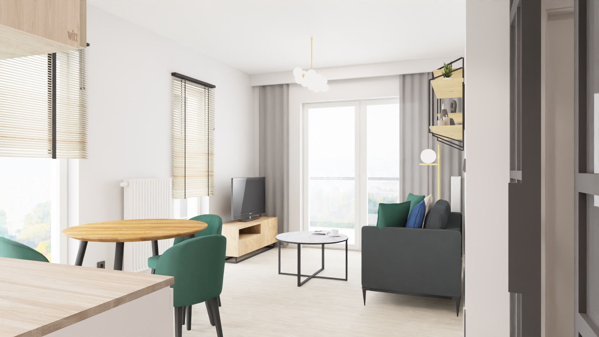 Minimalistyczny salon z nutką koloru dla kawalera.