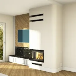 Biały, nowoczesny piec wolnostojący z obudową sięgającą sufitu, z trzema poziomymi wcięciami wentylacyjnymi u góry, czarny kamienny blat po lewej stronie, drewniana ściana w tle, płomienie widoczne...