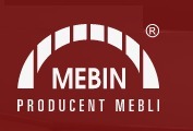 Logo firmy MEBIN, producenta mebli, na bordowym tle. Nad napisem półokrągły element graficzny z białych prostokątów. Znak ® w prawym górnym rogu.