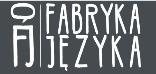 Logo szkoły językowej 'Fabryka Języka' z elementami graficznymi stylizowanymi na pismo chińskie i dymek dialogowy, na ciemnoszarym tle.