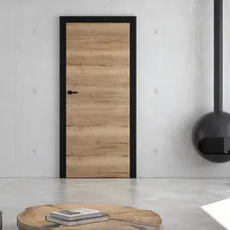 Wewnętrzne drzwi z okleiną drewnopodobną i czarną ramą, zamontowane w minimalistycznym wnętrzu z betonową ścianą i wiszącym kominkiem.