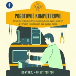 Ilustracja graficzna przedstawiająca serwisanta komputerowego naprawiającego sprzęt, z hasłem 'Pogotowie Komputerowe' i numerem telefonu kontaktowego.