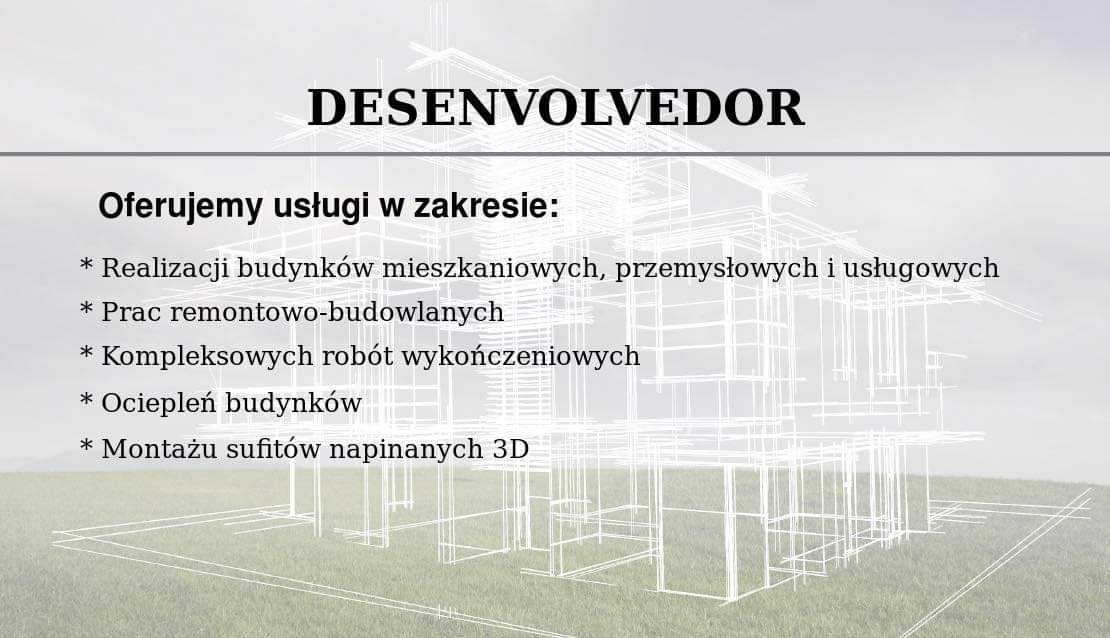Grafika reklamowa firmy budowlanej z tytułem 'DESENVOLVEDOR' i listą oferowanych usług, w tym realizacja budynków, prace remontowo-budowlane, roboty wykończeniowe, ocieplenia budynków i montaż...