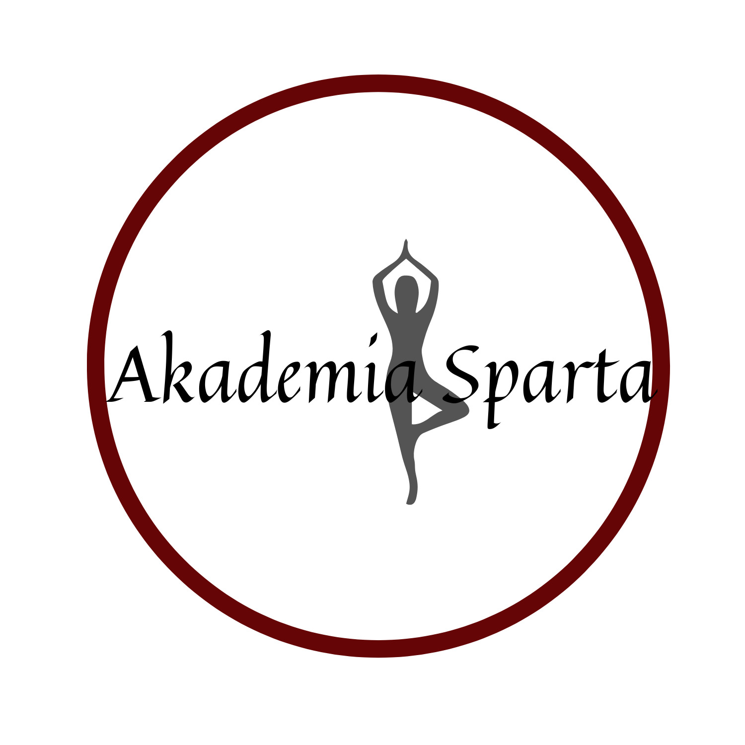 Logo firmy 'Akademia Sparta' z sylwetką osoby w pozycji jogi, umieszczone wewnątrz bordowego okręgu.