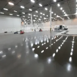 Wnętrze hali przemysłowej z błyszczącą, szarą posadzką w trakcie wylewania. Widoczne maszyny do rozprowadzania masy i pracownicy przy białym samochodzie dostawczym.