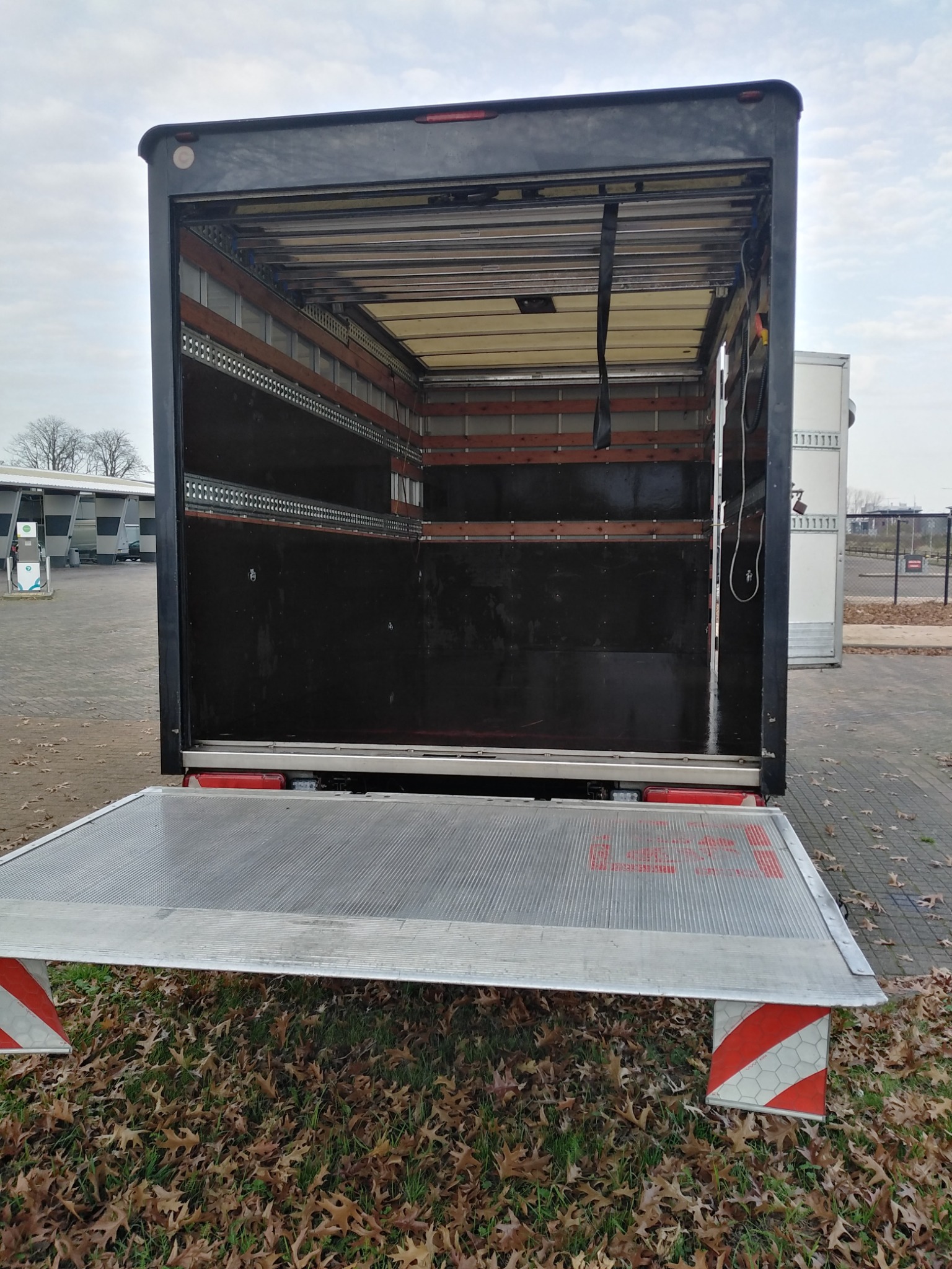 Otwarta paka samochodu dostawczego z podnośnikiem, widok z tyłu, na ziemi leżą liście.