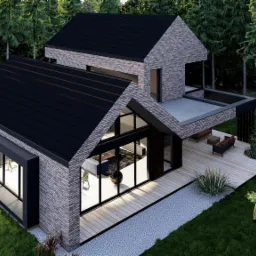 Wizualizacja nowoczesnego domu z ceglaną elewacją, czarnym dachem i dużymi oknami, otoczonego zielenią i drzewami, widok z góry.