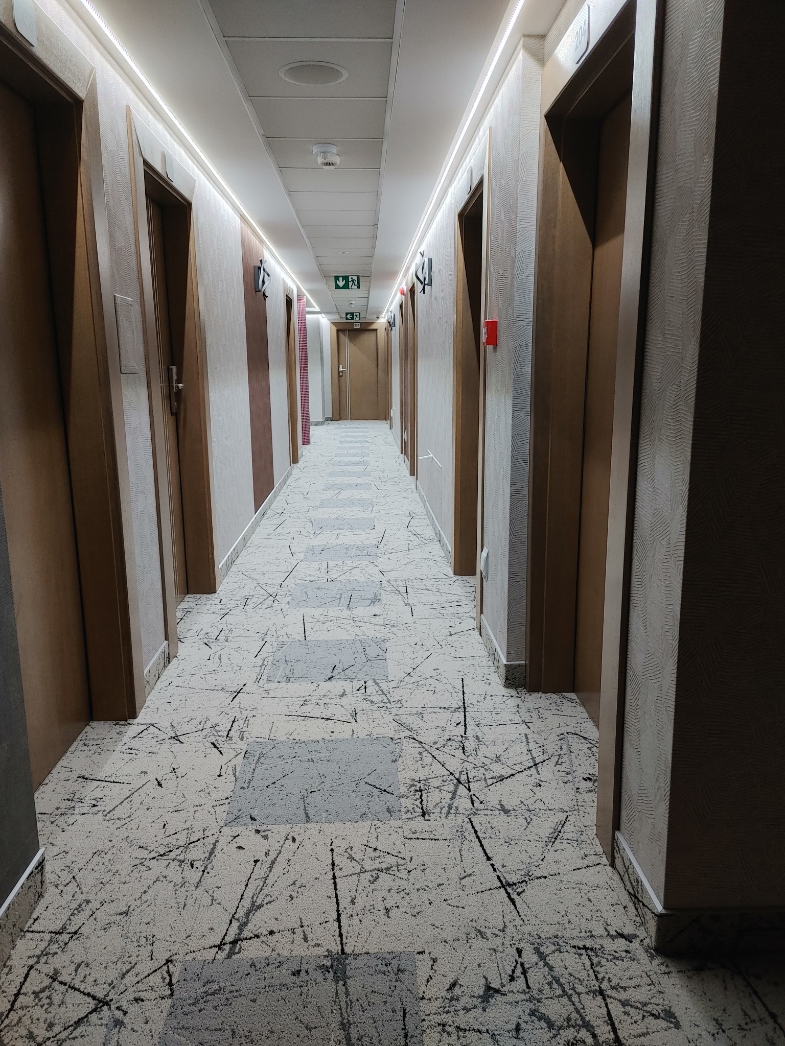 Długi korytarz hotelowy z wykładziną w abstrakcyjny wzór. Drzwi po obu stronach, oświetlenie ledowe sufitowe. Widok perspektywiczny z elementami wyposażenia.