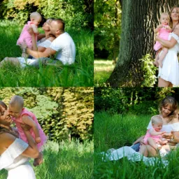 Kompozycja z czterech ujęć: rodzice z małą córeczką w różowej sukience, pozujący na łące w słoneczny dzień, z bliska i z daleka, w różnych konfiguracjach.