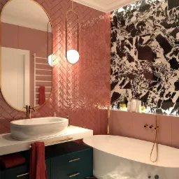 Nowoczesna łazienka z różowymi płytkami ułożonymi w jodełkę, czarno-białą marmurową ścianą, wolnostojącą białą wanną, umywalką nablatową i szafką w kolorze butelkowej zieleni z złotymi uchwytami...