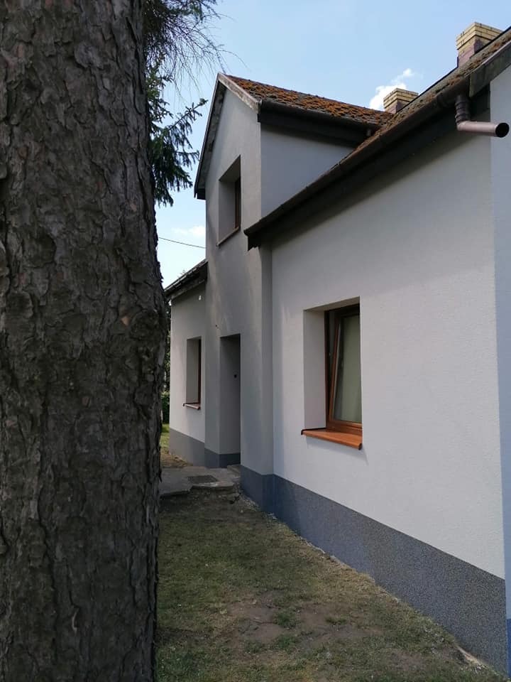 Ocieplona elewacja domu jednorodzinnego w odcieniach szarości, widoczna zza pnia drzewa, z brązowymi ramami okiennymi i ciemniejszym cokołem.
