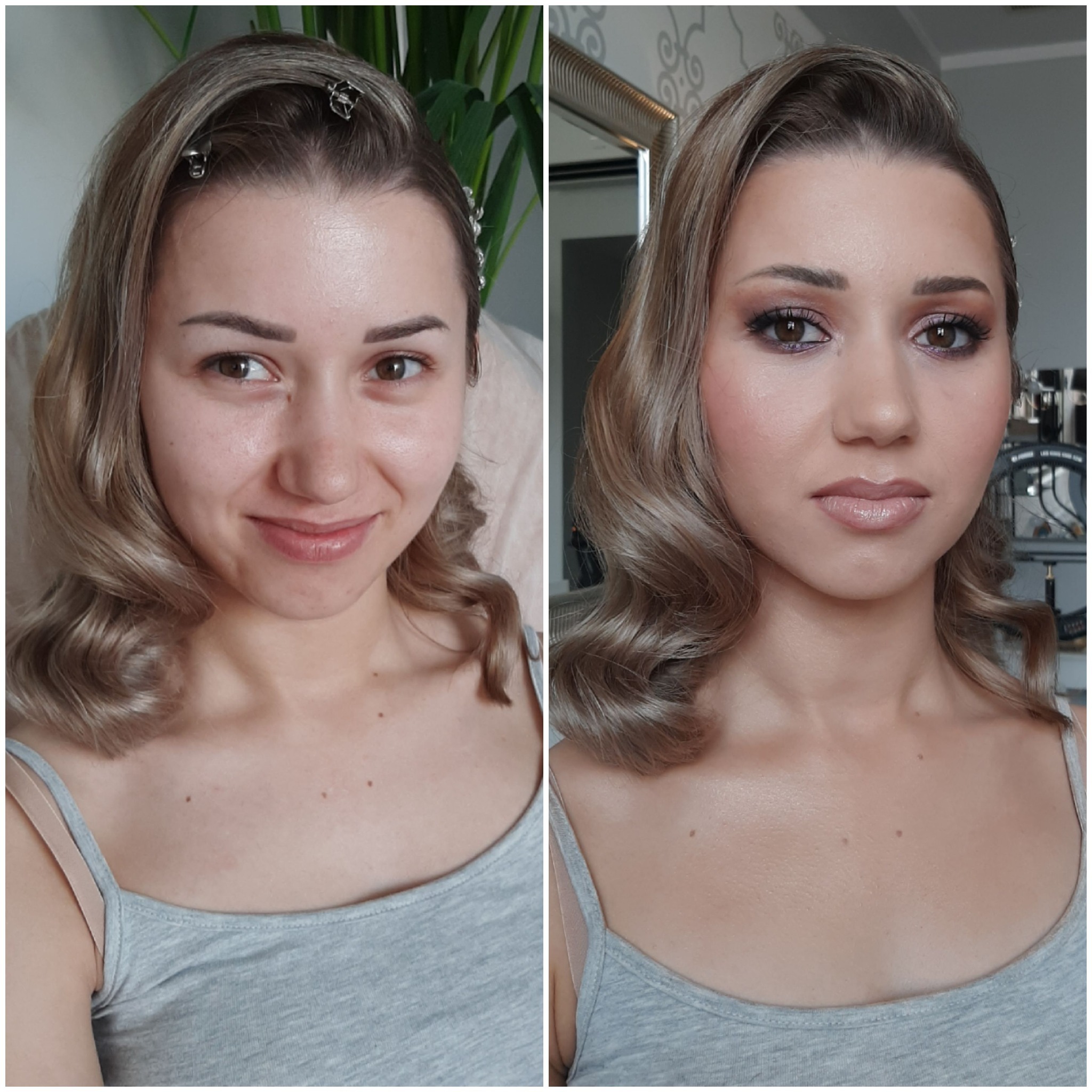 Portret kobiety przed i po aplikacji makijażu, z widocznymi różnicami w wyglądzie cery, oczu i ust.