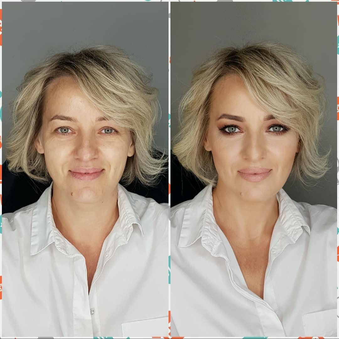 Kobieta przed i po aplikacji kosmetyków: wyrównany koloryt cery, podkreślone oczy i usta, poprawiony wygląd.