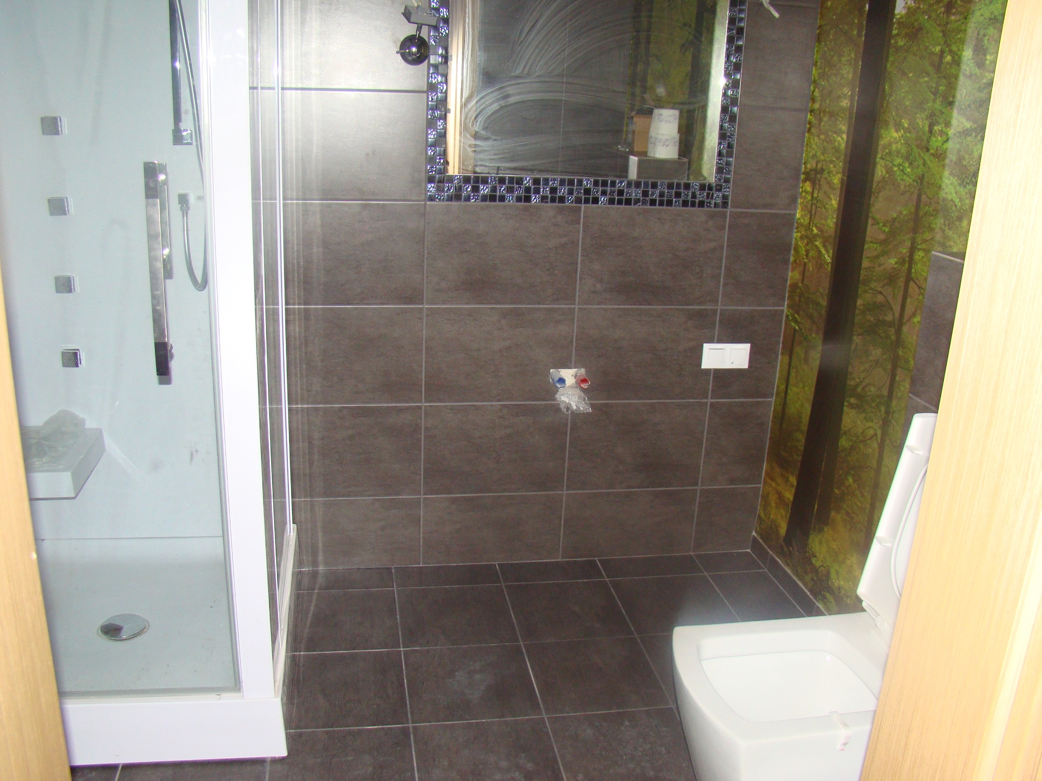 Wnętrze łazienki w trakcie wykańczania: ciemne płytki na ścianach i podłodze, kabina prysznicowa z hydromasażem, toaleta z deską w górze oraz dekoracyjna fototapeta z motywem leśnym.