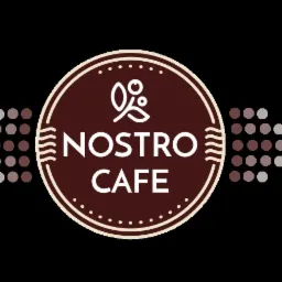 Logo Nostro Cafe na czarnym tle, z motywem kawy w postaci kropek i stylizowanych fal.