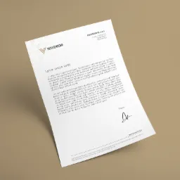 Firmowy papier listowy z logo Solventoir, tekstem Lorem Ipsum i miejscem na podpis, leżący na beżowym tle.