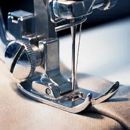 Detal maszyny do szycia z igłą w trakcie pracy na jasnym materiale, widoczne metalowe elementy i precyzyjne szwy.