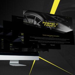 Krasovski.pl - Monitor wyświetlający projekt strony internetowej dla warsztatu samochodowego 'Perfect Touch Garage' z motywem czarno-żółtym i grafiką auta sportowego w tle.
