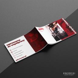 Krasovski.pl - Rozłożona, trójdzielna broszura reklamowa firmy instalacyjnej z Bydgoszczy, z logo i hasłem 'Zapraszamy do współpracy', na ciemnoszarym tle, prezentująca usługi z zakresu instalacji...