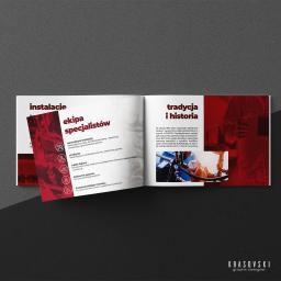 Krasovski.pl - Rozkładówka firmowej broszury prezentującej usługi instalacyjne: instalacje wewnętrzne, przyłącza, węzły cieplne, kotłownie gazowe, instalacja białego montażu oraz historię firmy z ilustracjami...