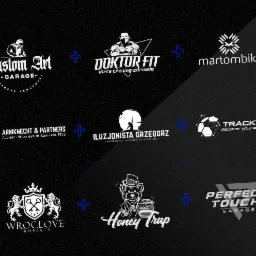 Kompilacja dziewięciu różnych logo firm w kolorze białym na czarnym tle, oddzielonych niebieskimi znakami plus. Logo przedstawiają różnorodne motywy, od spersonalizowanych warsztatów samochodowych...