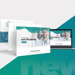 Krasovski.pl - Prezentacja strony internetowej Fundacji Medelight na laptopie i dwóch tabletach, z motywem work-life balance i wizerunkiem uśmiechniętego lekarza w tle.