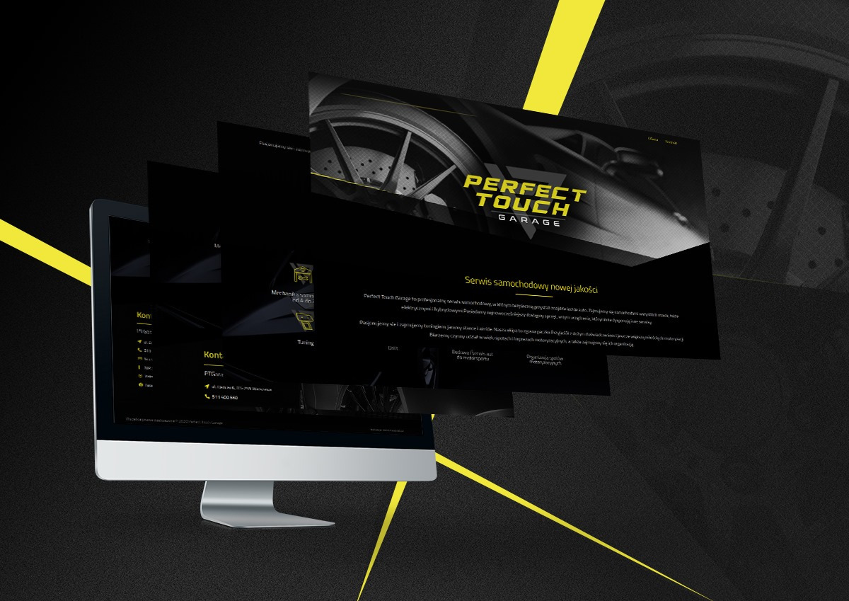 Monitor wyświetlający projekt strony internetowej dla warsztatu samochodowego 'Perfect Touch Garage' z motywem czarno-żółtym i grafiką auta sportowego w tle.