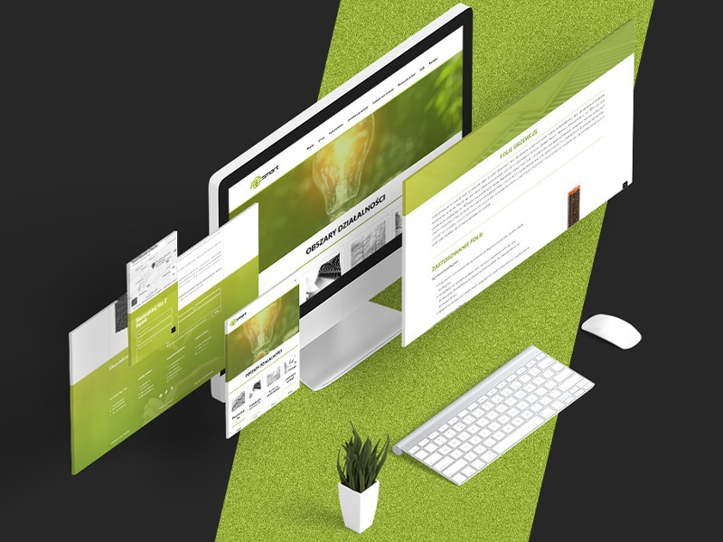 Isometric view of a computer screen displaying a green-themed website with floating browser windows, a keyboard, a mouse, and a small potted plant on a split green grass and black background.