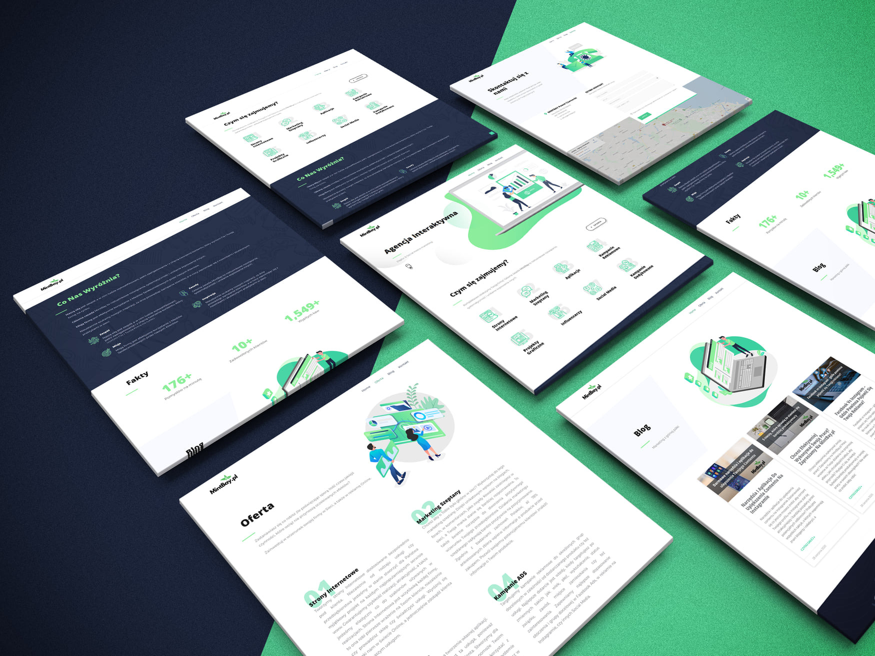 Układ kilku ekranów urządzeń prezentujących wygląd strony internetowej agencji interaktywnej MintBay.pl, ukazujących jej ofertę, blog i dane kontaktowe, na tle zielono-granatowym.