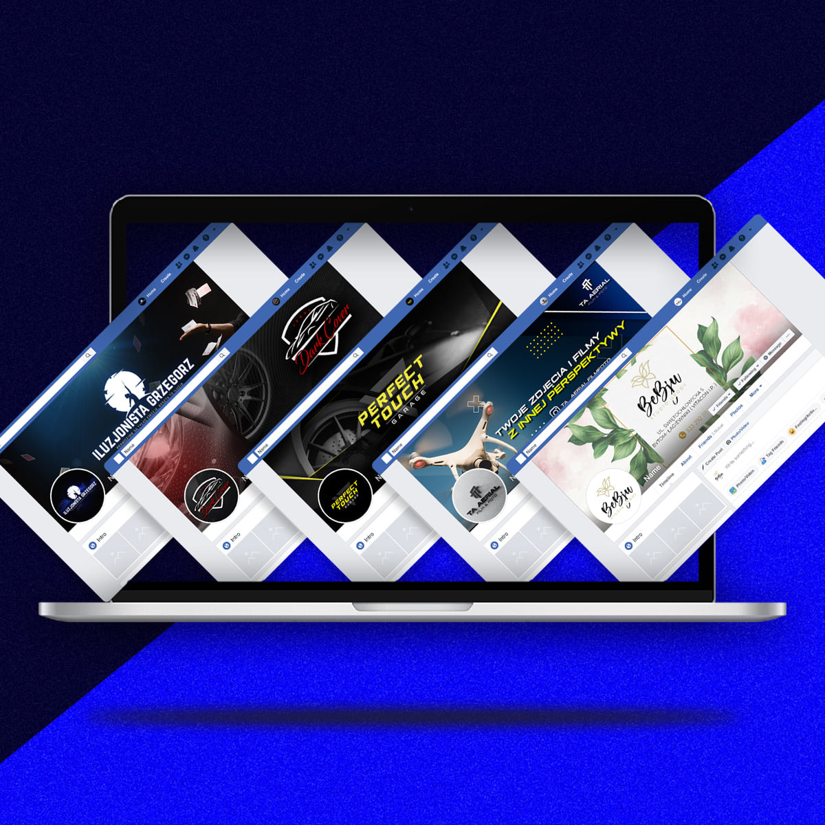 Laptop wyświetla nakładające się ekrany profili firmowych z Facebooka o różnej tematyce: iluzjonista, garaż, usługi filmowania z drona i sklep z roślinami, prezentowane na tle ciemnego gradientu.