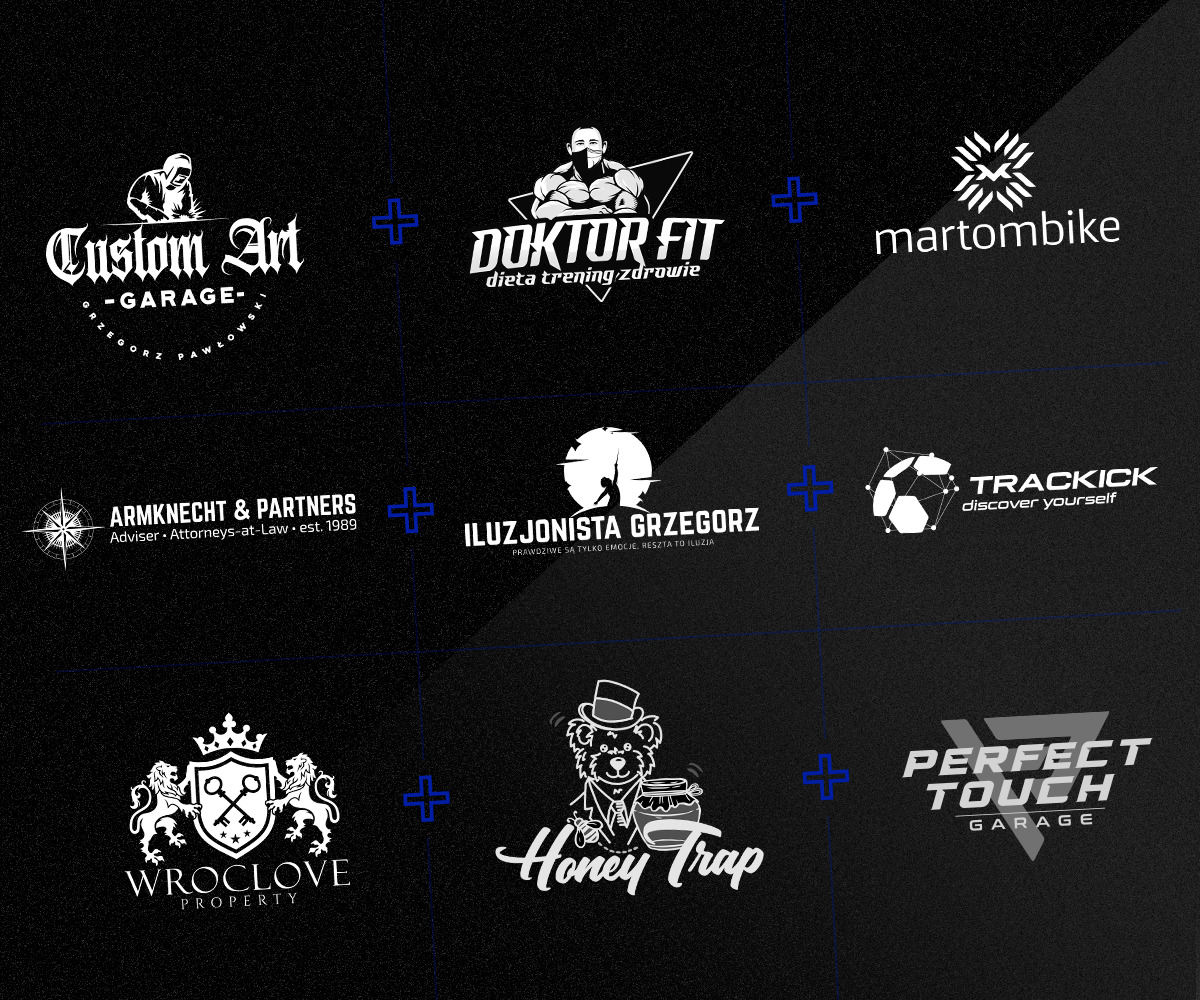 Kompilacja dziewięciu różnych logo firm w kolorze białym na czarnym tle, oddzielonych niebieskimi znakami plus. Logo przedstawiają różnorodne motywy, od spersonalizowanych warsztatów samochodowych...