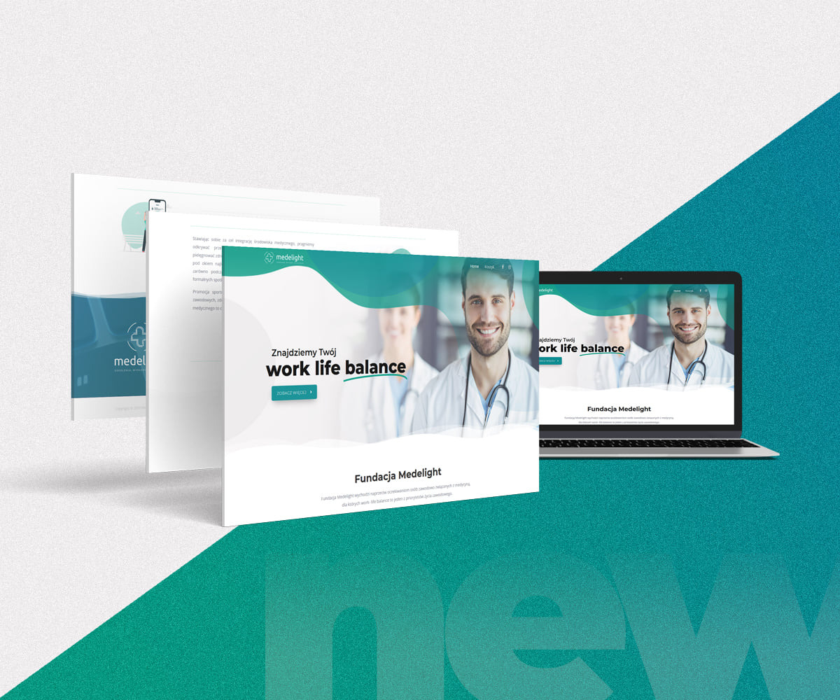 Prezentacja strony internetowej Fundacji Medelight na laptopie i dwóch tabletach, z motywem work-life balance i wizerunkiem uśmiechniętego lekarza w tle.