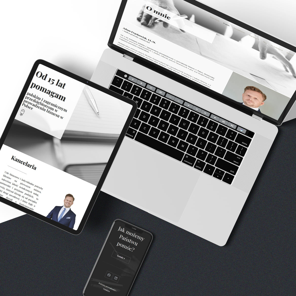 Responsywna strona internetowa kancelarii prawnej wyświetlana na laptopie, tablecie i smartfonie, ukazująca spójny design i dostępność na różnych urządzeniach.