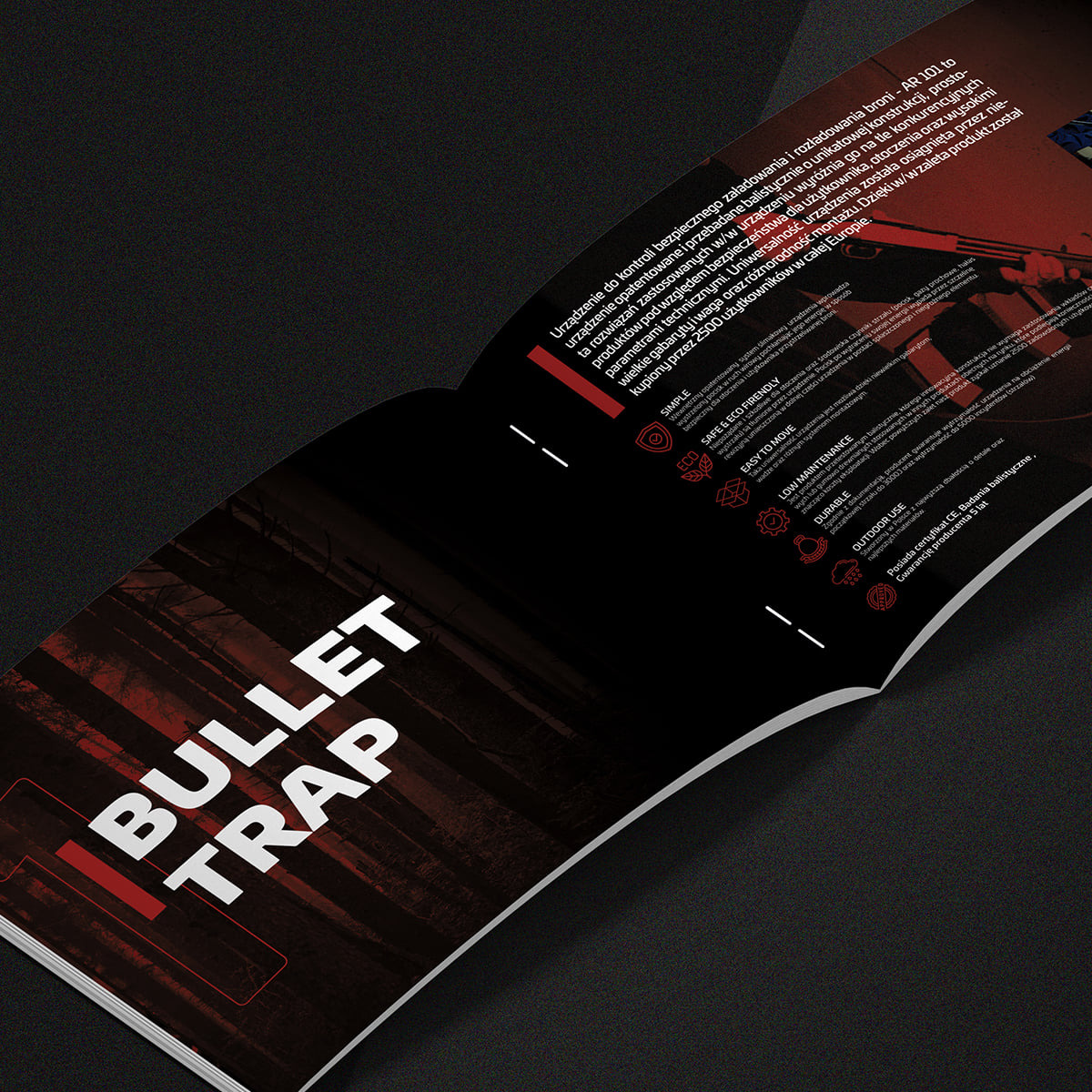 Folder reklamowy z informacjami o urządzeniu Bullet Trap do bezpiecznego załadowania i rozładowania broni, prezentujący jego zalety: prostotę, ekologiczność, łatwość przenoszenia, niskie koszty...