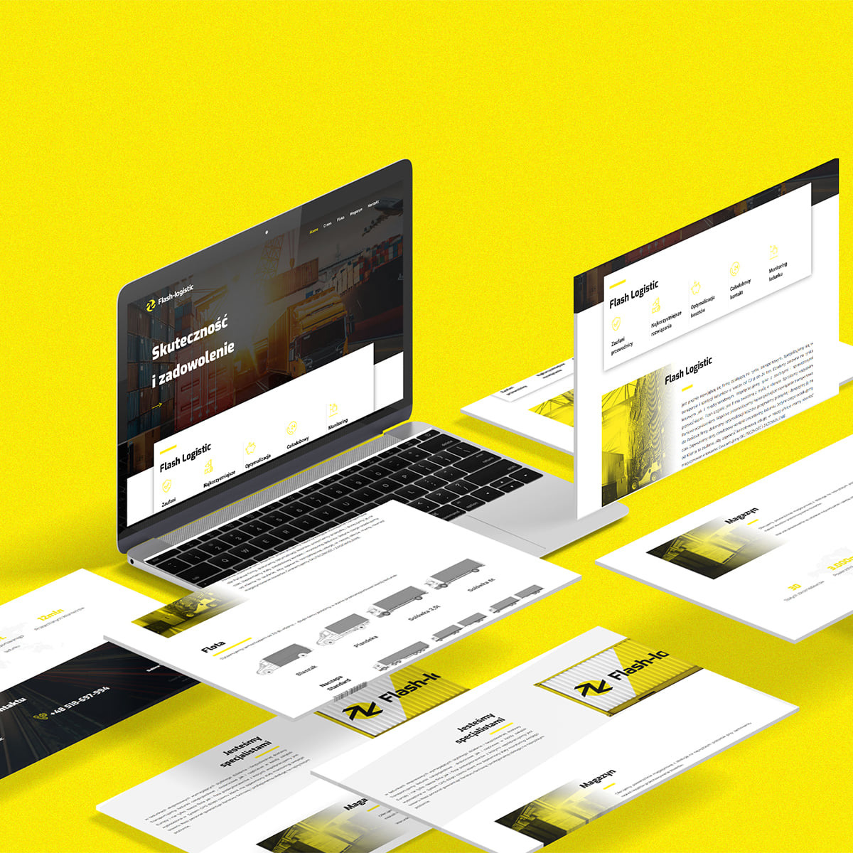 Mockup prezentujący responsywną stronę internetową firmy logistycznej Flash Logistic na laptopie i kilku kartach z elementami projektu, na żółtym tle.