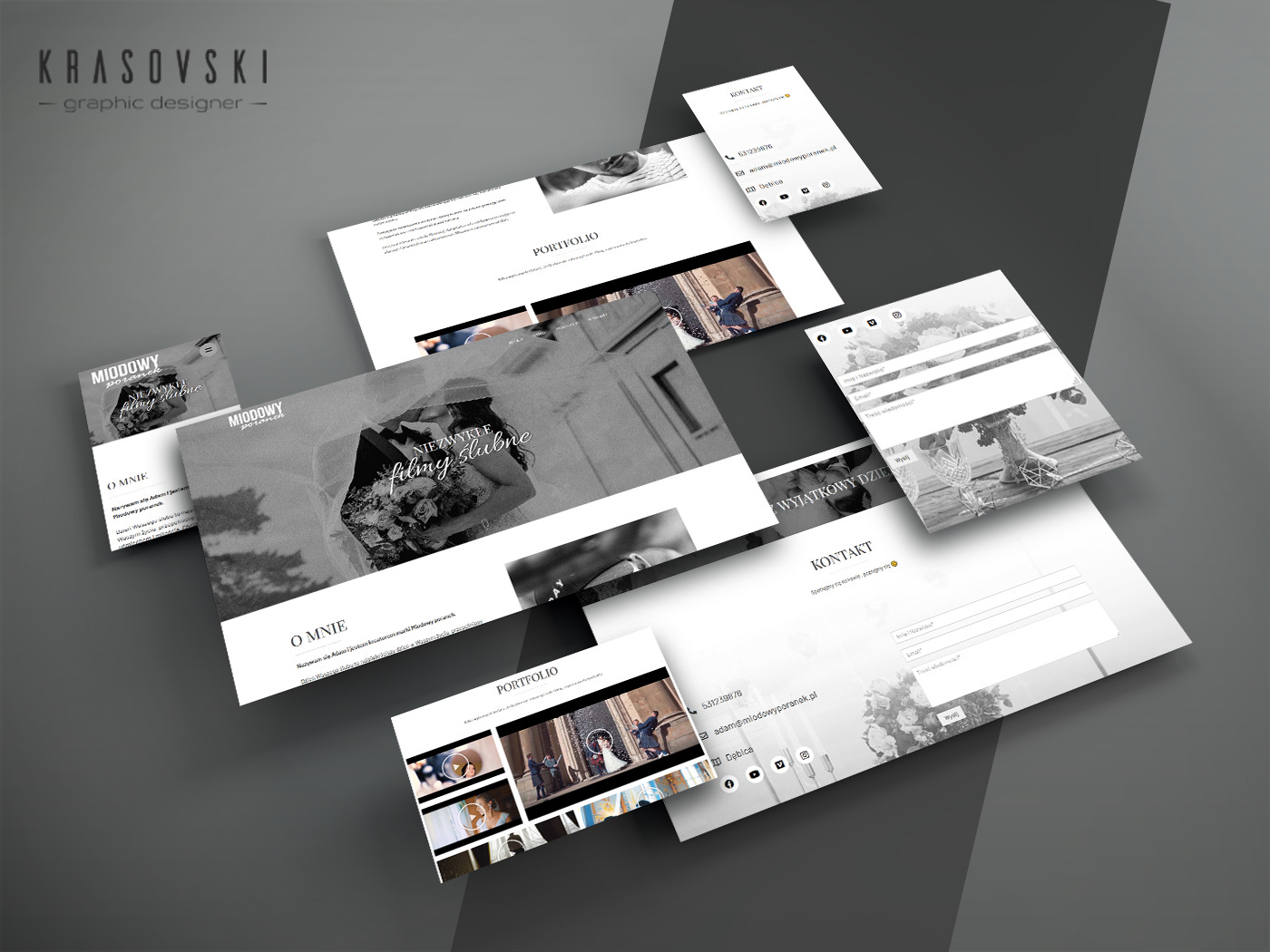 Prezentacja portfolio grafika na szarym tle: ekrany z motywem ślubnym, portfolio i formularz kontaktowy.